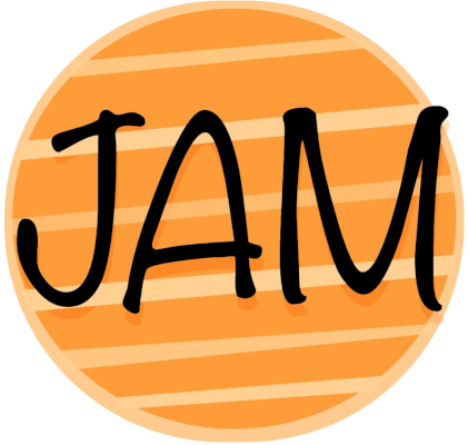 Stilisiertes Logo der Band Jam, bestehend aus abstrakten Formen und lebendigen Farben, die den dynamischen Charakter der Band widerspiegeln.